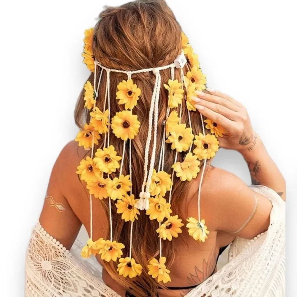 Flower Child Orange Brown Sunflower Headpiece Crown Beaded Flowing Headband NEW